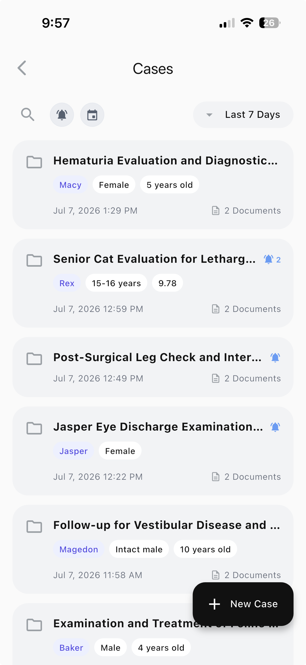Case list with patients, reminders and documents in the Finches app